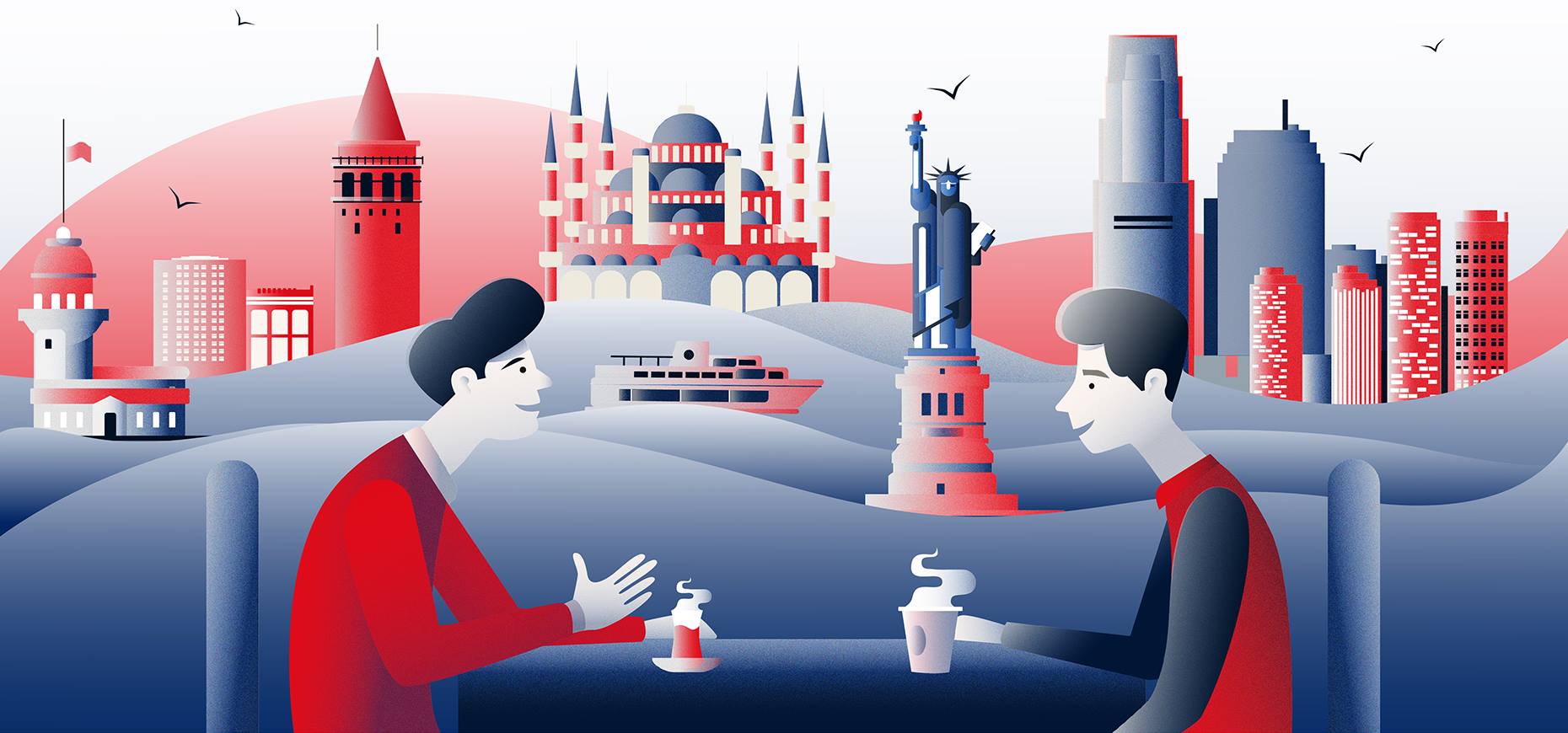 Two friends talking over tea, with Istanbul and New York in the background